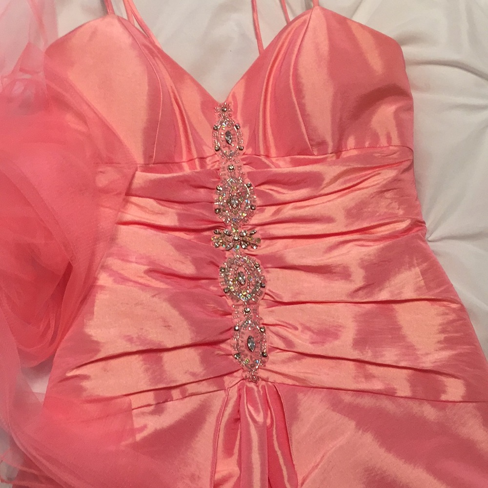 dress satin look apricot floor length with tail